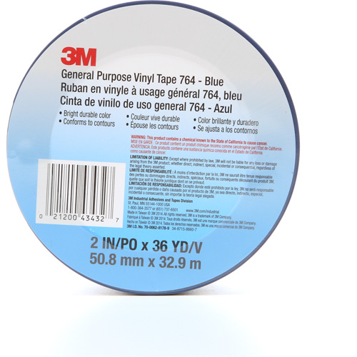 Ruban en vinyle pour travaux g&eacute;n&eacute;raux 764, 50,8 mm (2") la x 32,9 m (108') lo, 5 mils, Bleu Rock Safety Industrial Ltd