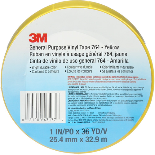 764 General-Purpose Vinyl Tape, 25.4 mm (1") W x 32.9 m (108') L, 5 mils, Yellow Rock Safety Industrial Ltd