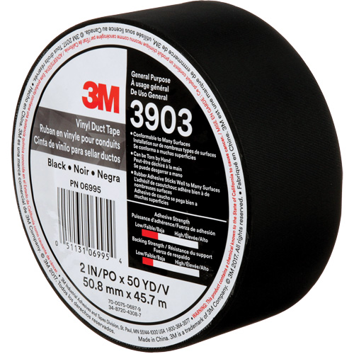 3903 Vinyl Duct Tape, 48 mm (2") W x 45 m (148') L, 6.5 mils, Black Rock Safety Industrial Ltd