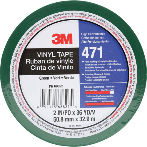 471 Vinyl Tape, 50.8 mm (2") W x 32.9 m (108') L, 5.2 mils, Green Rock Safety Industrial Ltd