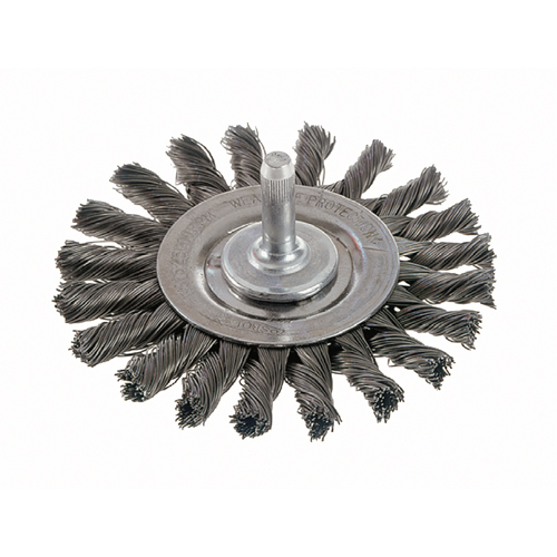 Brosses rotatives &agrave; fils nou&eacute;s - Brosse rotative &agrave; fils nou&eacute;s a/queue 1/4", fils nou&eacute;s standards, Dia. 4", Fils 0,014", Acier inoxydable Rock Safety Industrial Ltd
