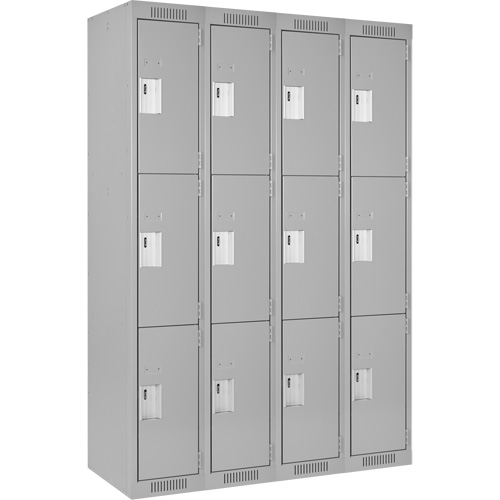 Clean Line Lockers, 3 -tier, Bank of 4, 48" x 15" x 72", Steel, Grey, Rivet (Assembled) Rock Safety Industrial Ltd