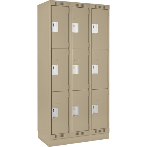 Clean Line Lockers, 3 -tier, Bank of 3, 54" x 18" x 76", Steel, Beige, Rivet (Assembled) Rock Safety Industrial Ltd