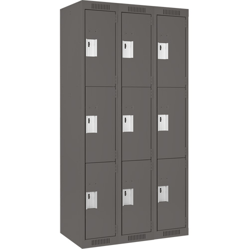 Clean Line Lockers, 3 -tier, Bank of 3, 36" x 15" x 72", Steel, Charcoal, Rivet (Assembled) Rock Safety Industrial Ltd