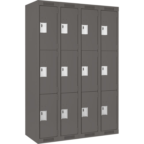 Clean Line Lockers, 3 -tier, Bank of 4, 48" x 15" x 72", Steel, Charcoal, Rivet (Assembled) Rock Safety Industrial Ltd
