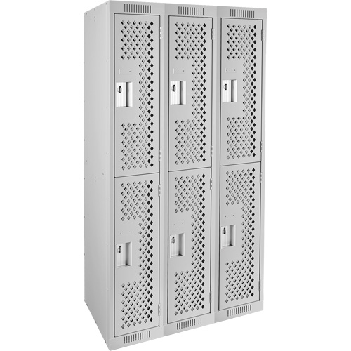 Clean Line Lockers, 2 -tier, Bank of 3, 36" x 12" x 72", Steel, Grey, Rivet (Assembled), Perforated Rock Safety Industrial Ltd
