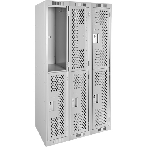 Clean Line Lockers, 2 -tier, Bank of 3, 36" x 12" x 72", Steel, Grey, Rivet (Assembled), Perforated Rock Safety Industrial Ltd