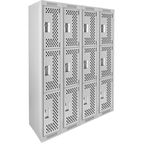 Clean Line Lockers, 3 -tier, Bank of 4, 48" x 12" x 72", Steel, Grey, Rivet (Assembled), Perforated Rock Safety Industrial Ltd