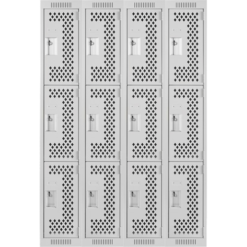 Clean Line Lockers, 3 -tier, Bank of 4, 48" x 12" x 72", Steel, Grey, Rivet (Assembled), Perforated Rock Safety Industrial Ltd
