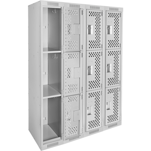 Clean Line Lockers, 3 -tier, Bank of 4, 48" x 12" x 72", Steel, Grey, Rivet (Assembled), Perforated Rock Safety Industrial Ltd