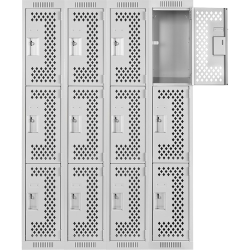 Clean Line Lockers, 3 -tier, Bank of 4, 48" x 12" x 72", Steel, Grey, Rivet (Assembled), Perforated Rock Safety Industrial Ltd
