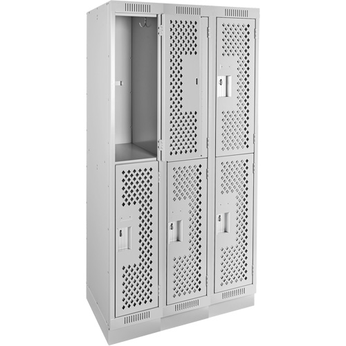 Clean Line Lockers, 2 -tier, Bank of 3, 36" x 12" x 76", Steel, Grey, Rivet (Assembled), Perforated Rock Safety Industrial Ltd