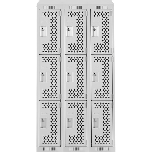 Clean Line Lockers, 3 -tier, Bank of 3, 36" x 18" x 78", Steel, Grey, Rivet (Assembled), Perforated Rock Safety Industrial Ltd