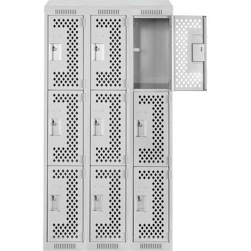 Clean Line Lockers, 3 -tier, Bank of 3, 36" x 18" x 78", Steel, Grey, Rivet (Assembled), Perforated Rock Safety Industrial Ltd