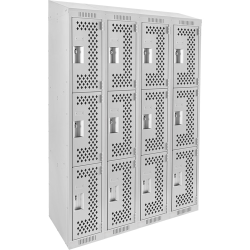 Clean Line Lockers, 3 -tier, Bank of 4, 48" x 18" x 78", Steel, Grey, Rivet (Assembled), Perforated Rock Safety Industrial Ltd