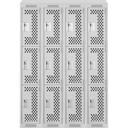 Clean Line Lockers, 3 -tier, Bank of 4, 48" x 18" x 78", Steel, Grey, Rivet (Assembled), Perforated Rock Safety Industrial Ltd