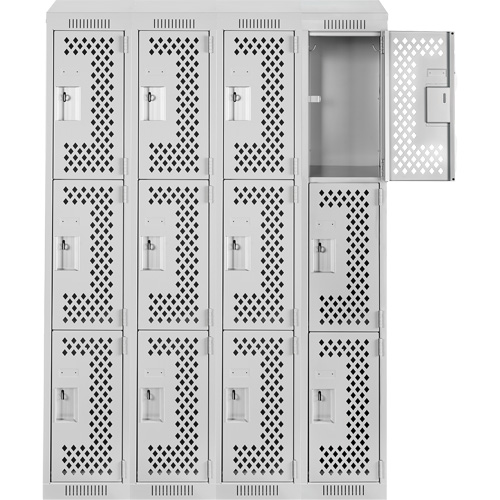 Clean Line Lockers, 3 -tier, Bank of 4, 48" x 18" x 78", Steel, Grey, Rivet (Assembled), Perforated Rock Safety Industrial Ltd