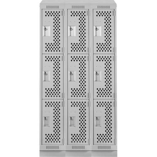 Clean Line Lockers, 3 -tier, Bank of 3, 36" x 18" x 82", Steel, Grey, Rivet (Assembled), Perforated Rock Safety Industrial Ltd