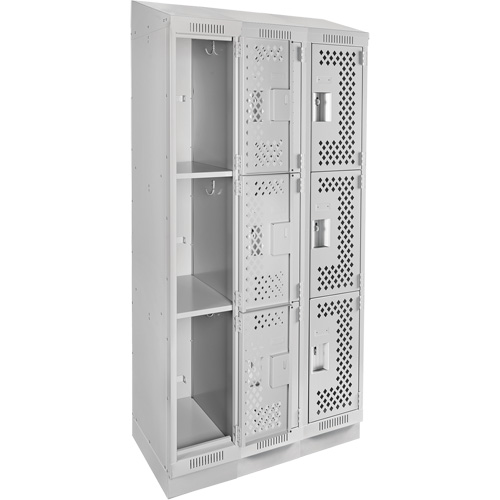 Clean Line Lockers, 3 -tier, Bank of 3, 36" x 18" x 82", Steel, Grey, Rivet (Assembled), Perforated Rock Safety Industrial Ltd