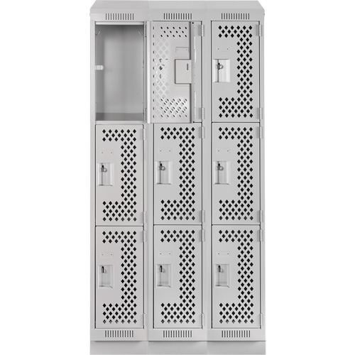 Clean Line Lockers, 3 -tier, Bank of 3, 36" x 18" x 82", Steel, Grey, Rivet (Assembled), Perforated Rock Safety Industrial Ltd