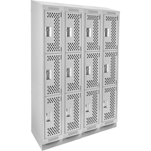 Clean Line Lockers, 3 -tier, Bank of 4, 48" x 18" x 82", Steel, Grey, Rivet (Assembled), Perforated Rock Safety Industrial Ltd