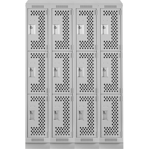 Clean Line Lockers, 3 -tier, Bank of 4, 48" x 18" x 82", Steel, Grey, Rivet (Assembled), Perforated Rock Safety Industrial Ltd