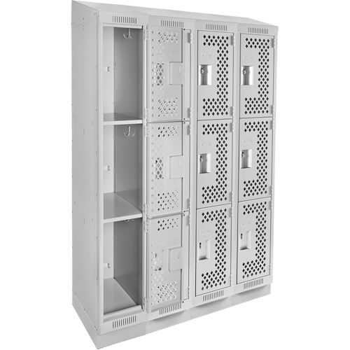 Clean Line Lockers, 3 -tier, Bank of 4, 48" x 18" x 82", Steel, Grey, Rivet (Assembled), Perforated Rock Safety Industrial Ltd