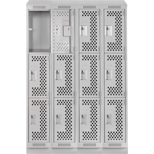 Clean Line Lockers, 3 -tier, Bank of 4, 48" x 18" x 82", Steel, Grey, Rivet (Assembled), Perforated Rock Safety Industrial Ltd