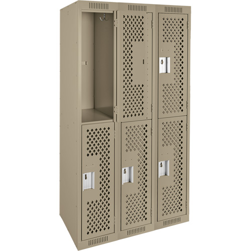 Clean Line Lockers, 2 -tier, Bank of 3, 36" x 12" x 72", Steel, Beige, Rivet (Assembled), Perforated Rock Safety Industrial Ltd