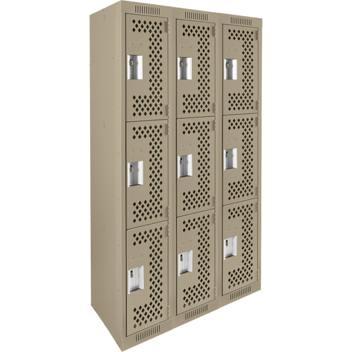 Clean Line Lockers, 3 -tier, Bank of 3, 36" x 12" x 72", Steel, Beige, Rivet (Assembled), Perforated Rock Safety Industrial Ltd