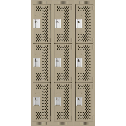 Clean Line Lockers, 3 -tier, Bank of 3, 36" x 12" x 72", Steel, Beige, Rivet (Assembled), Perforated Rock Safety Industrial Ltd