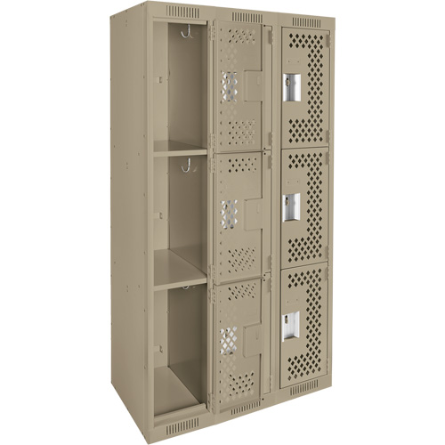 Clean Line Lockers, 3 -tier, Bank of 3, 36" x 12" x 72", Steel, Beige, Rivet (Assembled), Perforated Rock Safety Industrial Ltd