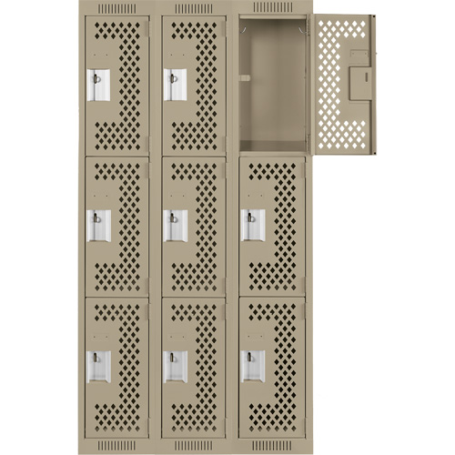 Clean Line Lockers, 3 -tier, Bank of 3, 36" x 12" x 72", Steel, Beige, Rivet (Assembled), Perforated Rock Safety Industrial Ltd