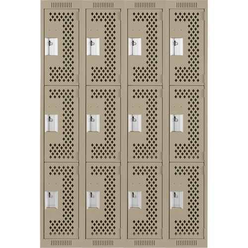 Clean Line Lockers, 3 -tier, Bank of 4, 48" x 12" x 72", Steel, Beige, Rivet (Assembled), Perforated Rock Safety Industrial Ltd
