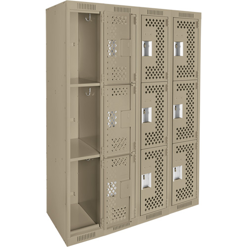 Clean Line Lockers, 3 -tier, Bank of 4, 48" x 12" x 72", Steel, Beige, Rivet (Assembled), Perforated Rock Safety Industrial Ltd
