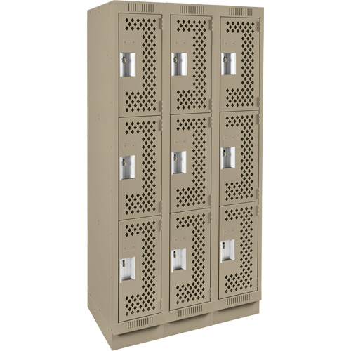 Clean Line Lockers, 3 -tier, Bank of 3, 36" x 12" x 76", Steel, Beige, Rivet (Assembled), Perforated Rock Safety Industrial Ltd