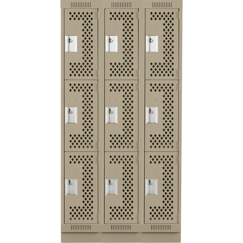 Clean Line Lockers, 3 -tier, Bank of 3, 36" x 12" x 76", Steel, Beige, Rivet (Assembled), Perforated Rock Safety Industrial Ltd