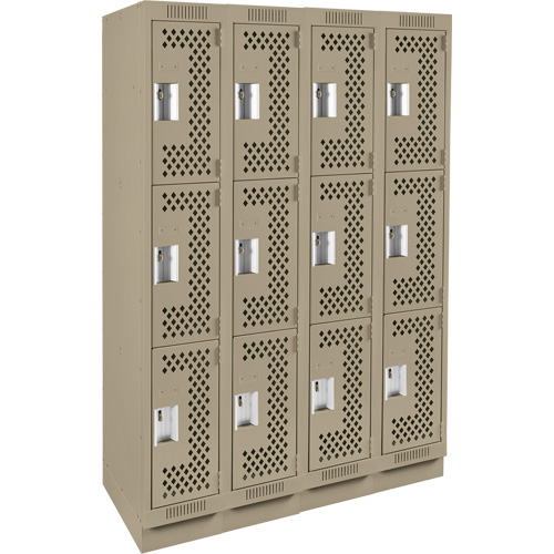 Clean Line Lockers, 3 -tier, Bank of 4, 48" x 12" x 76", Steel, Beige, Rivet (Assembled), Perforated Rock Safety Industrial Ltd