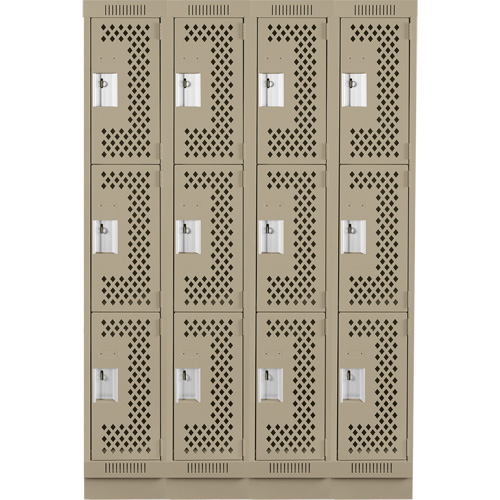 Clean Line Lockers, 3 -tier, Bank of 4, 48" x 12" x 76", Steel, Beige, Rivet (Assembled), Perforated Rock Safety Industrial Ltd
