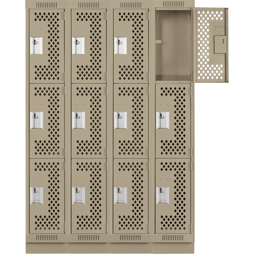 Clean Line Lockers, 3 -tier, Bank of 4, 48" x 12" x 76", Steel, Beige, Rivet (Assembled), Perforated Rock Safety Industrial Ltd