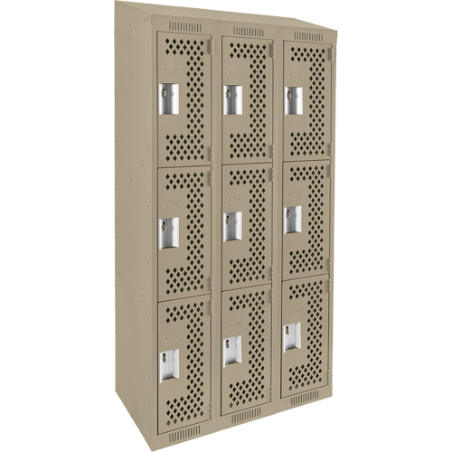 Clean Line Lockers, 3 -tier, Bank of 3, 36" x 18" x 78", Steel, Beige, Rivet (Assembled), Perforated Rock Safety Industrial Ltd