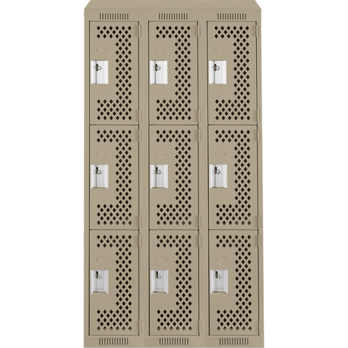 Clean Line Lockers, 3 -tier, Bank of 3, 36" x 18" x 78", Steel, Beige, Rivet (Assembled), Perforated Rock Safety Industrial Ltd