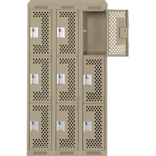 Clean Line Lockers, 3 -tier, Bank of 3, 36" x 18" x 78", Steel, Beige, Rivet (Assembled), Perforated Rock Safety Industrial Ltd