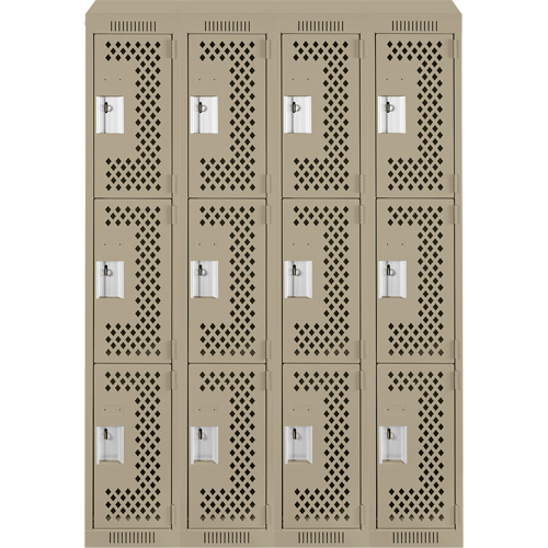 Clean Line Lockers, 3 -tier, Bank of 4, 48" x 18" x 78", Steel, Beige, Rivet (Assembled), Perforated Rock Safety Industrial Ltd