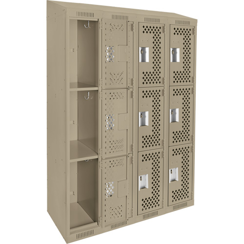 Clean Line Lockers, 3 -tier, Bank of 4, 48" x 18" x 78", Steel, Beige, Rivet (Assembled), Perforated Rock Safety Industrial Ltd