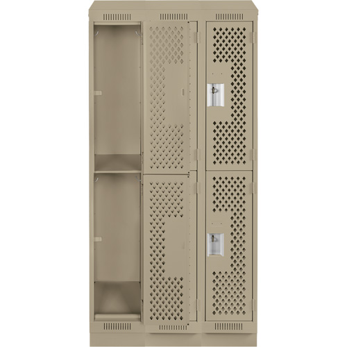 Clean Line Lockers, 2 -tier, Bank of 3, 36" x 15" x 82", Steel, Beige, Rivet (Assembled), Perforated Rock Safety Industrial Ltd