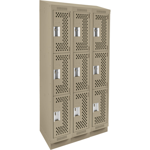 Clean Line Lockers, 3 -tier, Bank of 3, 36" x 18" x 82", Steel, Beige, Rivet (Assembled), Perforated Rock Safety Industrial Ltd