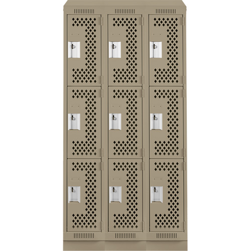 Clean Line Lockers, 3 -tier, Bank of 3, 36" x 18" x 82", Steel, Beige, Rivet (Assembled), Perforated Rock Safety Industrial Ltd