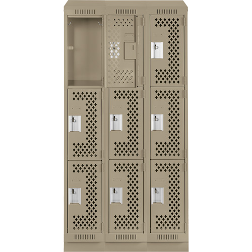 Clean Line Lockers, 3 -tier, Bank of 3, 36" x 18" x 82", Steel, Beige, Rivet (Assembled), Perforated Rock Safety Industrial Ltd