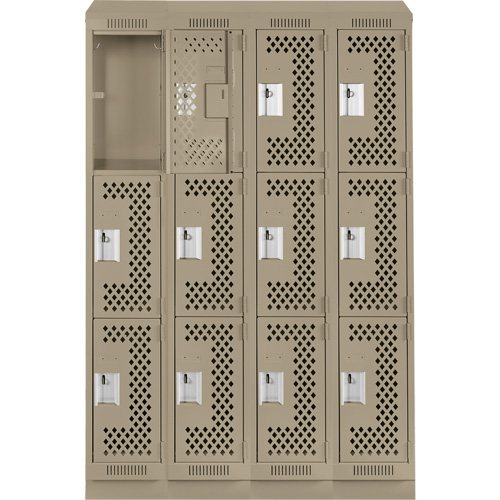 Clean Line Lockers, 3 -tier, Bank of 4, 48" x 18" x 82", Steel, Beige, Rivet (Assembled), Perforated Rock Safety Industrial Ltd